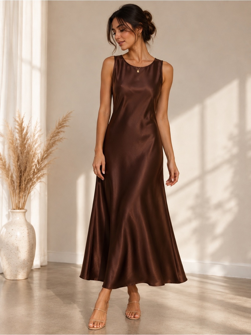 Elegant Satin Maxi Dress in Chocolate Brown